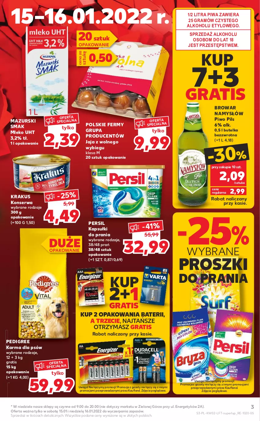 Gazetka promocyjna Kaufland - OFERTA TYGODNIA - ważna 13.01 do 19.01.2022 - strona 3 - produkty: Gra, Jaja, Jaja z wolnego wybiegu, Kapsułki do prania, Krakus, Mleko, Namysłów, Pedigree, Persil, Piwa, Piwo, Ser, Waga