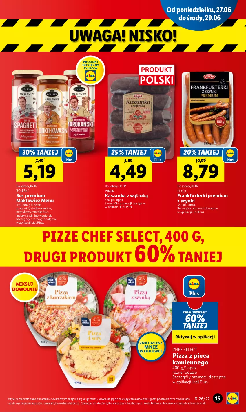 Gazetka promocyjna Lidl - GAZETKA - ważna 27.06 do 29.06.2022 - strona 15 - produkty: Frankfurterki, Kasza, Kaszanka, Piec, PIKOK, Pizza, Pizza z pieca kamiennego, Sos, Spaghetti, Waga