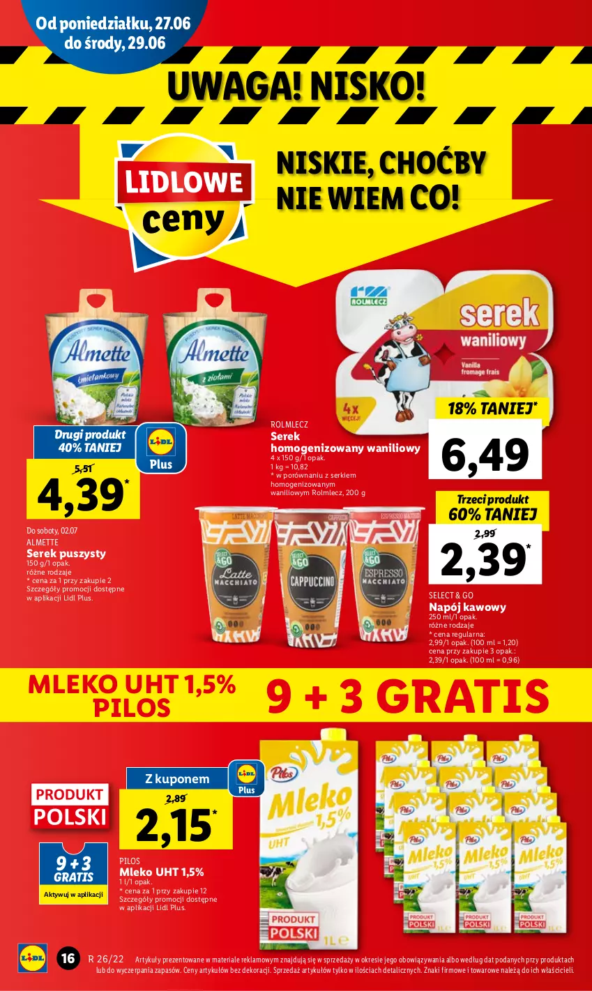 Gazetka promocyjna Lidl - GAZETKA - ważna 27.06 do 29.06.2022 - strona 16 - produkty: Almette, Gra, Mleko, Napój, Pilos, Por, Rolmlecz, Ser, Serek, Serek homogenizowany, Serek puszysty, Waga