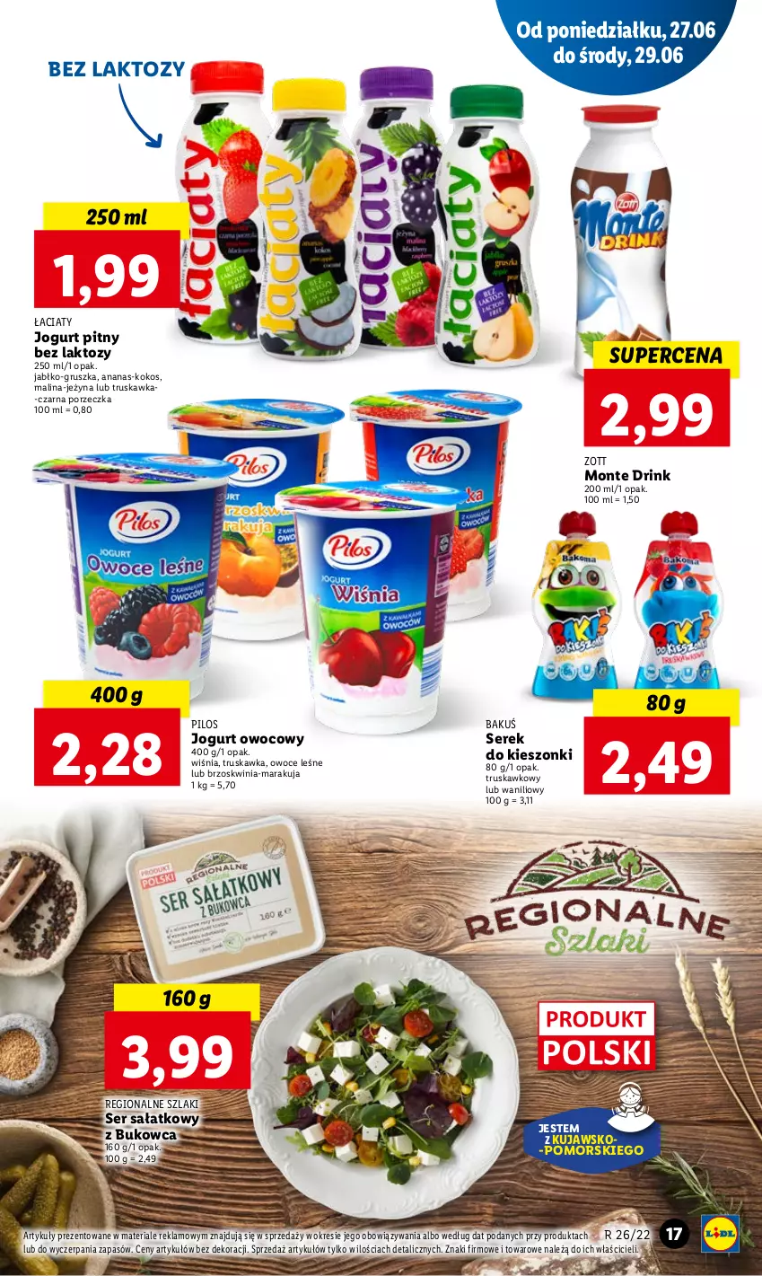 Gazetka promocyjna Lidl - GAZETKA - ważna 27.06 do 29.06.2022 - strona 17 - produkty: Ananas, Jogurt, Jogurt owocowy, Jogurt pitny, Kokos, Monte, Owoce, Pilos, Por, Sałat, Ser, Serek, Zott