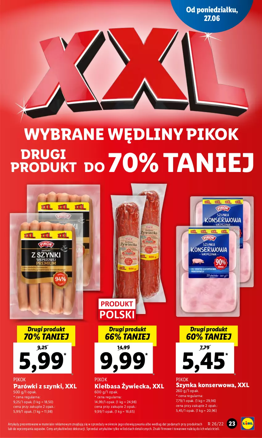 Gazetka promocyjna Lidl - GAZETKA - ważna 27.06 do 29.06.2022 - strona 23 - produkty: Kiełbasa, Parówki, Parówki z szynki, PIKOK, Ser, Szynka, Szynka konserwowa