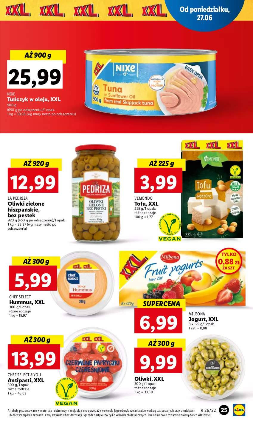 Gazetka promocyjna Lidl - GAZETKA - ważna 27.06 do 29.06.2022 - strona 25 - produkty: Hummus, Jogurt, Mus, Olej, Oliwki, Oliwki zielone, Stek, Tofu, Tuńczyk