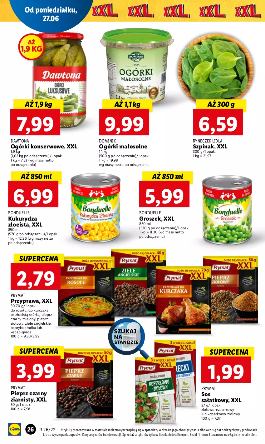 Gazetka promocyjna Lidl - GAZETKA - ważna 27.06 do 29.06.2022 - strona 26 - produkty: Bonduelle, Dawtona, Groszek, Gyros, Kebab, Kukurydza, Kurczak, Ogórki konserwowe, Papryka, Papryka słodka, Pieprz, Prymat, Sałat, Ser, Sos, Szpinak, Ziele angielskie