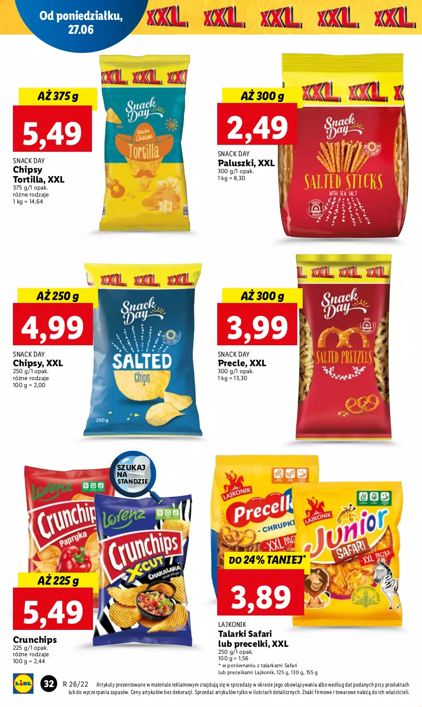 Gazetka promocyjna Lidl - GAZETKA - ważna 27.06 do 29.06.2022 - strona 32 - produkty: Chipsy, Crunchips, Fa, Lajkonik, Por, Precelki, Precle, Tortilla