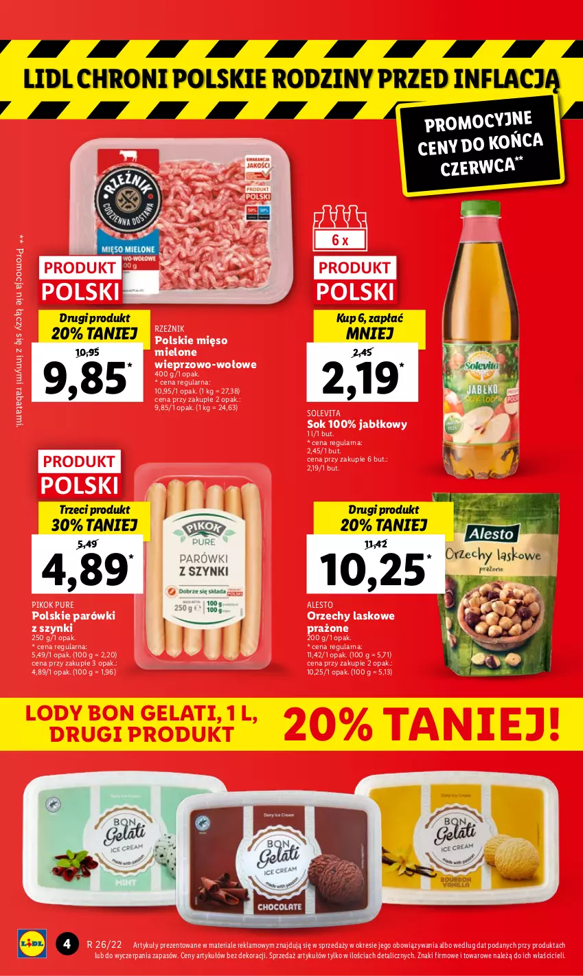 Gazetka promocyjna Lidl - GAZETKA - ważna 27.06 do 29.06.2022 - strona 4 - produkty: Lody, Mięso, Mięso mielone, Parówki, Parówki z szynki, PIKOK, Pur, Sok