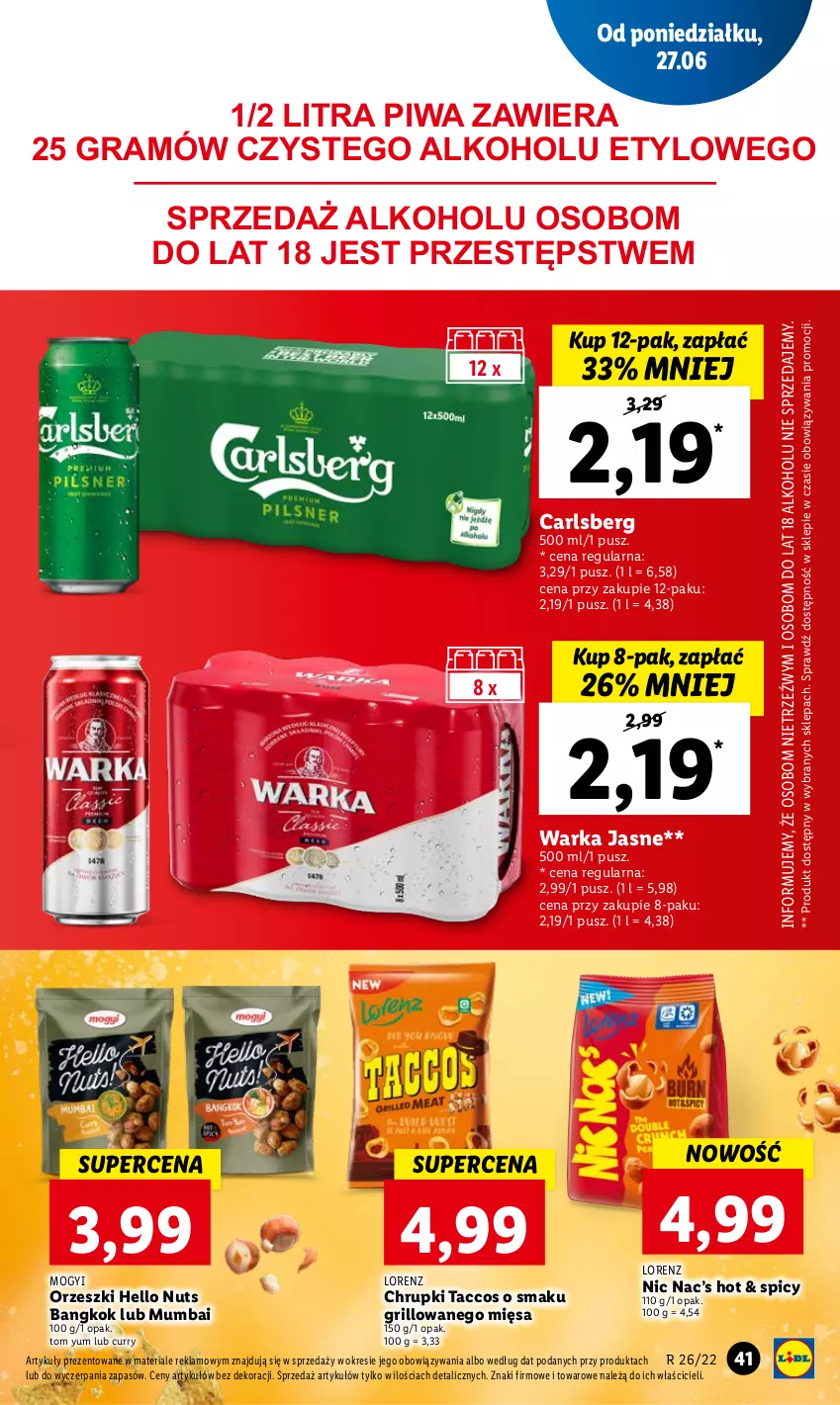 Gazetka promocyjna Lidl - GAZETKA - ważna 27.06 do 29.06.2022 - strona 41 - produkty: Carlsberg, Chrupki, Gra, Grill, Lorenz, Orzeszki, Piwa, Warka