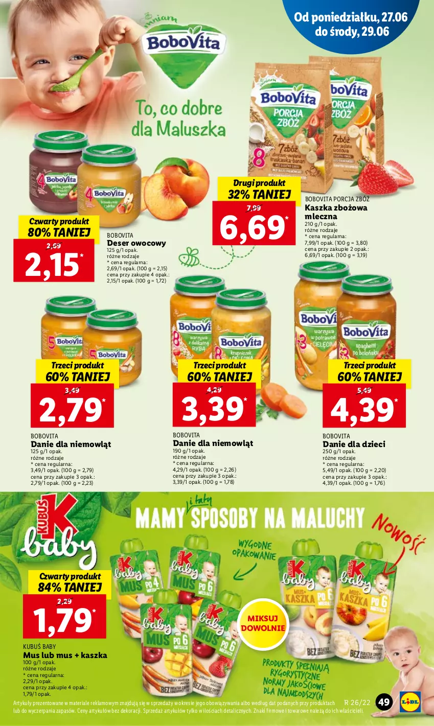 Gazetka promocyjna Lidl - GAZETKA - ważna 27.06 do 29.06.2022 - strona 49 - produkty: BoboVita, Danie dla dzieci, Deser, Deser owocowy, Dzieci, Kubuś, Mus, Por, Ser