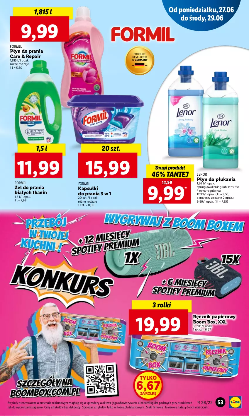 Gazetka promocyjna Lidl - GAZETKA - ważna 27.06 do 29.06.2022 - strona 53 - produkty: Kapsułki do prania, Lenor, Papier, Płyn do płukania, Płyn do prania, Ręcznik, Rolki