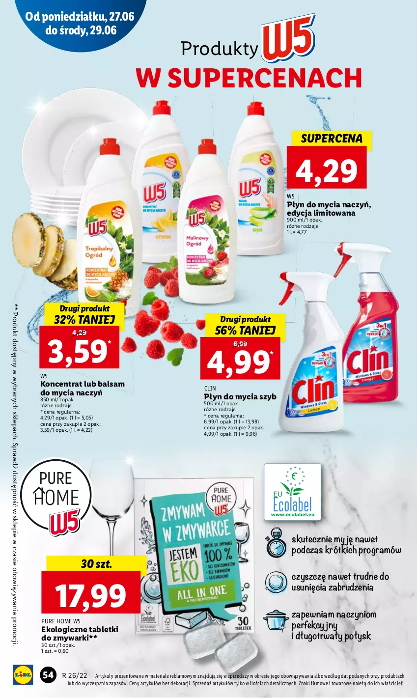 Gazetka promocyjna Lidl - GAZETKA - ważna 27.06 do 29.06.2022 - strona 54 - produkty: Balsam do mycia naczyń, Clin, Do mycia naczyń, Gra, Płyn do mycia, Płyn do mycia naczyń, Pur, Tablet, Tabletki do zmywarki, Zmywarki