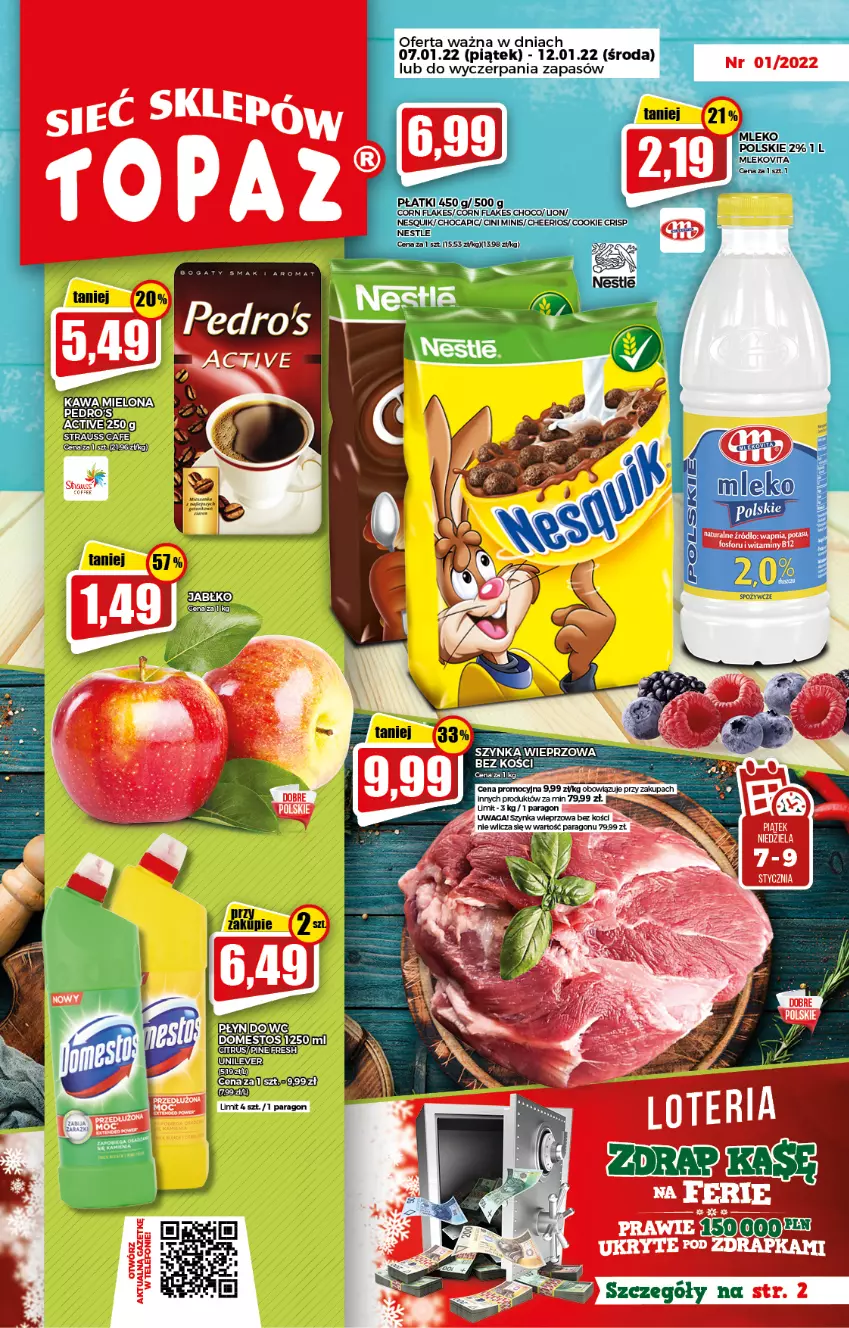 Gazetka promocyjna Topaz - Gazetka - ważna 07.01 do 12.01.2022 - strona 1 - produkty: Cheerios, Cini Minis, Corn flakes, EPEE, Kawa, Lion, Mleko, Mlekovita, Nesquik, Szynka, Szynka wieprzowa, Vita C