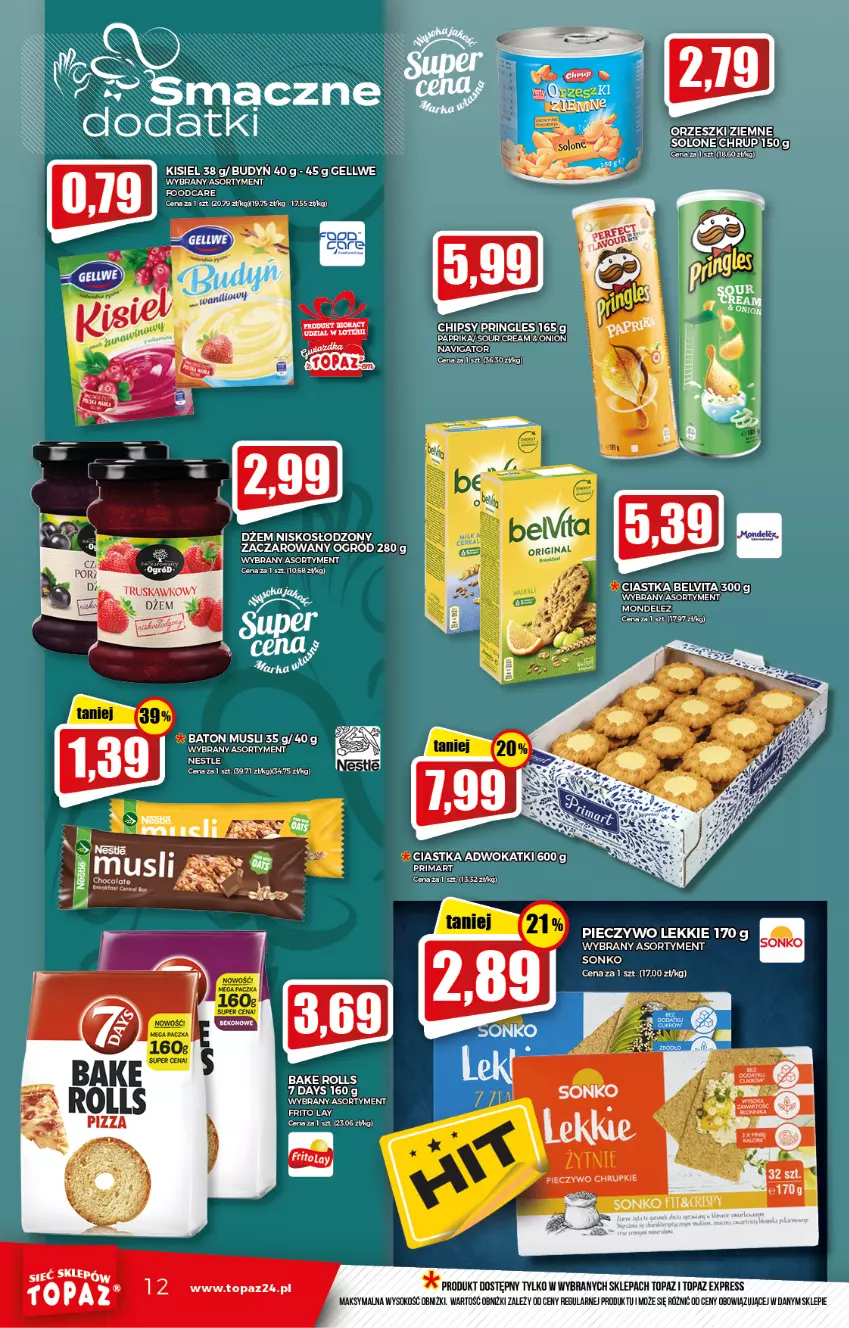 Gazetka promocyjna Topaz - Gazetka - ważna 07.01 do 12.01.2022 - strona 12 - produkty: Baton, Chipsy, Ciastka, Dżem, Kisiel, Mus, Piec, Pieczywo, Pringles, Sok, Sonko, Top