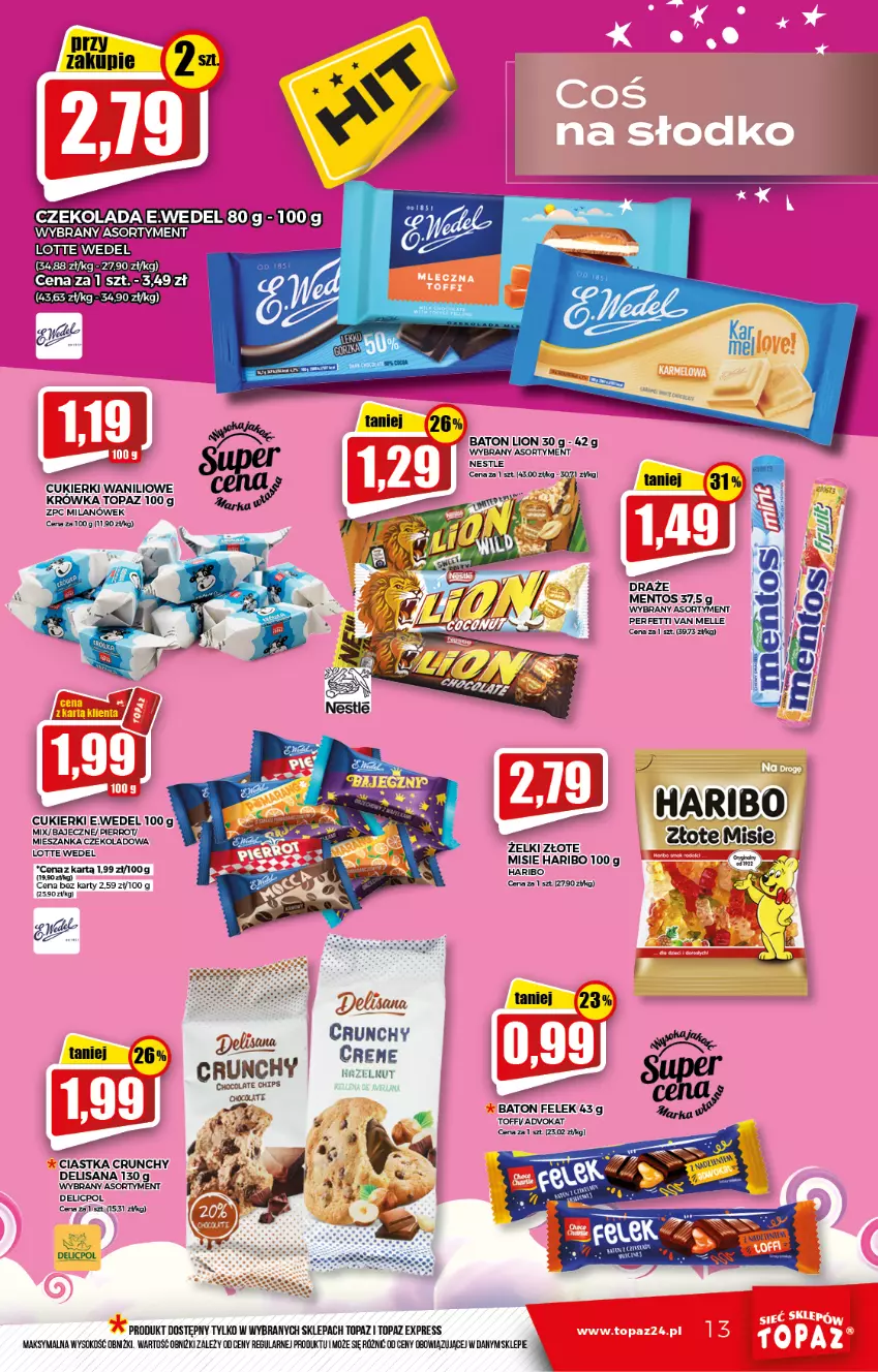 Gazetka promocyjna Topaz - Gazetka - ważna 07.01 do 12.01.2022 - strona 13 - produkty: Baton, Ciastka, Cukier, Cukierki, Czekolada, Haribo, Isana, Lion, Mentos, Sok, Top