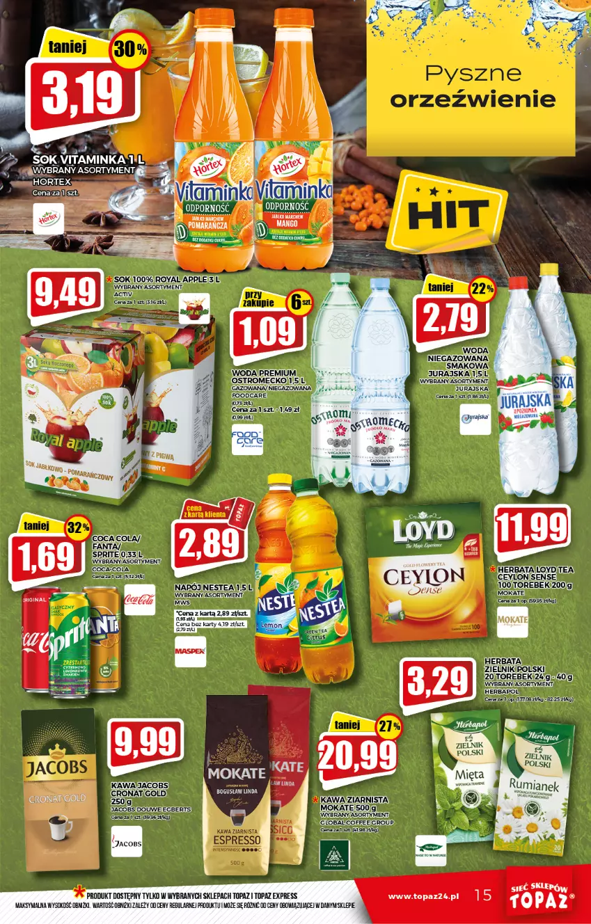 Gazetka promocyjna Topaz - Gazetka - ważna 07.01 do 12.01.2022 - strona 15 - produkty: Fa, Fanta, Herbata, Hortex, Jacobs, Loyd, Napój, Nestea, Sok, Top, Woda