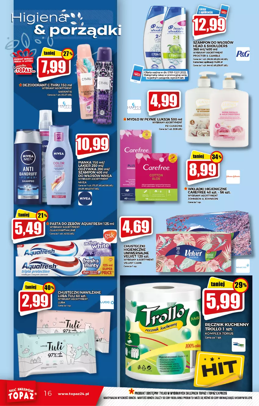 Gazetka promocyjna Topaz - Gazetka - ważna 07.01 do 12.01.2022 - strona 16 - produkty: Aquafresh, C-Thru, Carefree, Chusteczki, Dezodorant, Lakier, Luksja, Mydło, Mydło w płynie, Nivea, Pasta do zębów, Puma, Ręcznik, Ręcznik kuchenny, Sok, Szampon, Top, Velvet, Wkładki