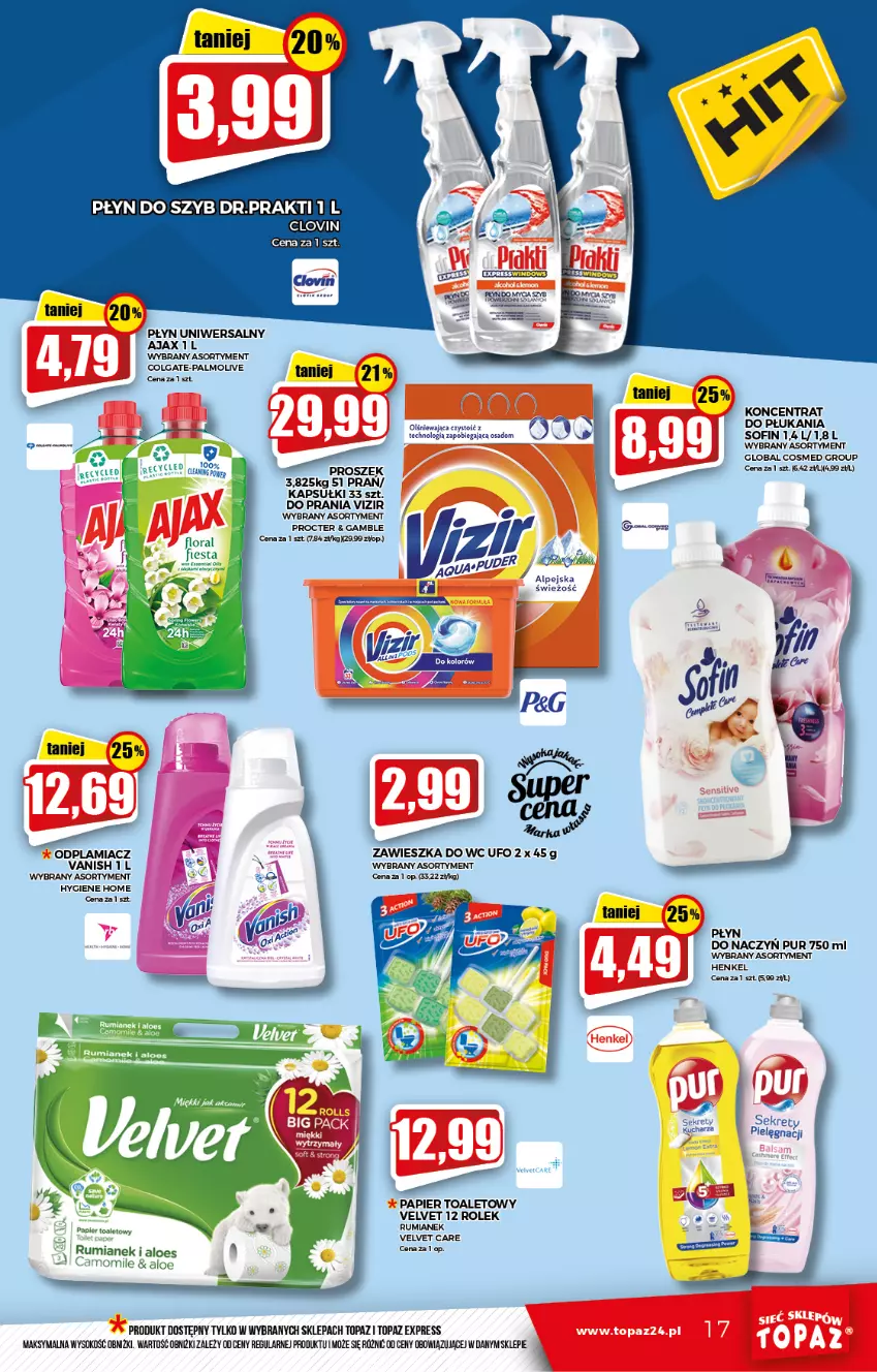 Gazetka promocyjna Topaz - Gazetka - ważna 07.01 do 12.01.2022 - strona 17 - produkty: Ajax, Colgate, Fa, Kret, LG, Lovi, Odplamiacz, Palmolive, Papier, Papier toaletowy, Płyn do szyb, Puder, Pur, Rum, Sok, Top, Vanish, Velvet, Vizir, Zawieszka do wc