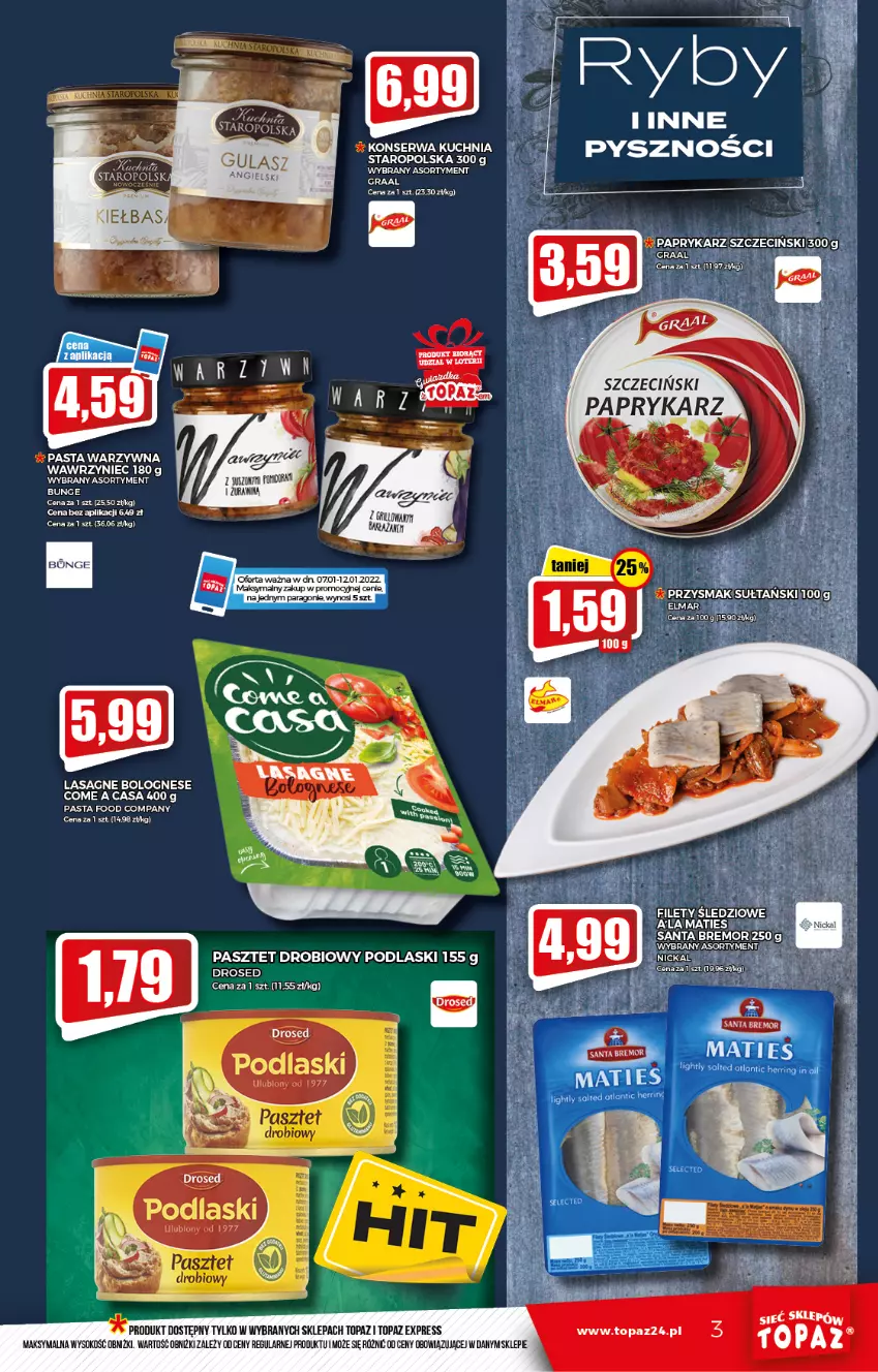 Gazetka promocyjna Topaz - Gazetka - ważna 07.01 do 12.01.2022 - strona 3 - produkty: AEG, Gra, Graal, Kuchnia, Lasagne, Lasagne bolognese, Papryka, Paprykarz, Pasta warzywna, Pasztet, Podlaski, Ser, Sok, Top