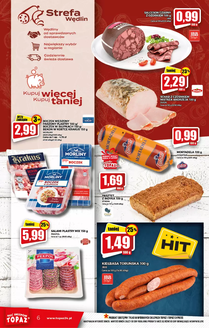 Gazetka promocyjna Topaz - Gazetka - ważna 07.01 do 12.01.2022 - strona 6 - produkty: Beko, Boczek, Kiełbasa, Krakus, Morliny, Pekpol, Salami, Sok, Top