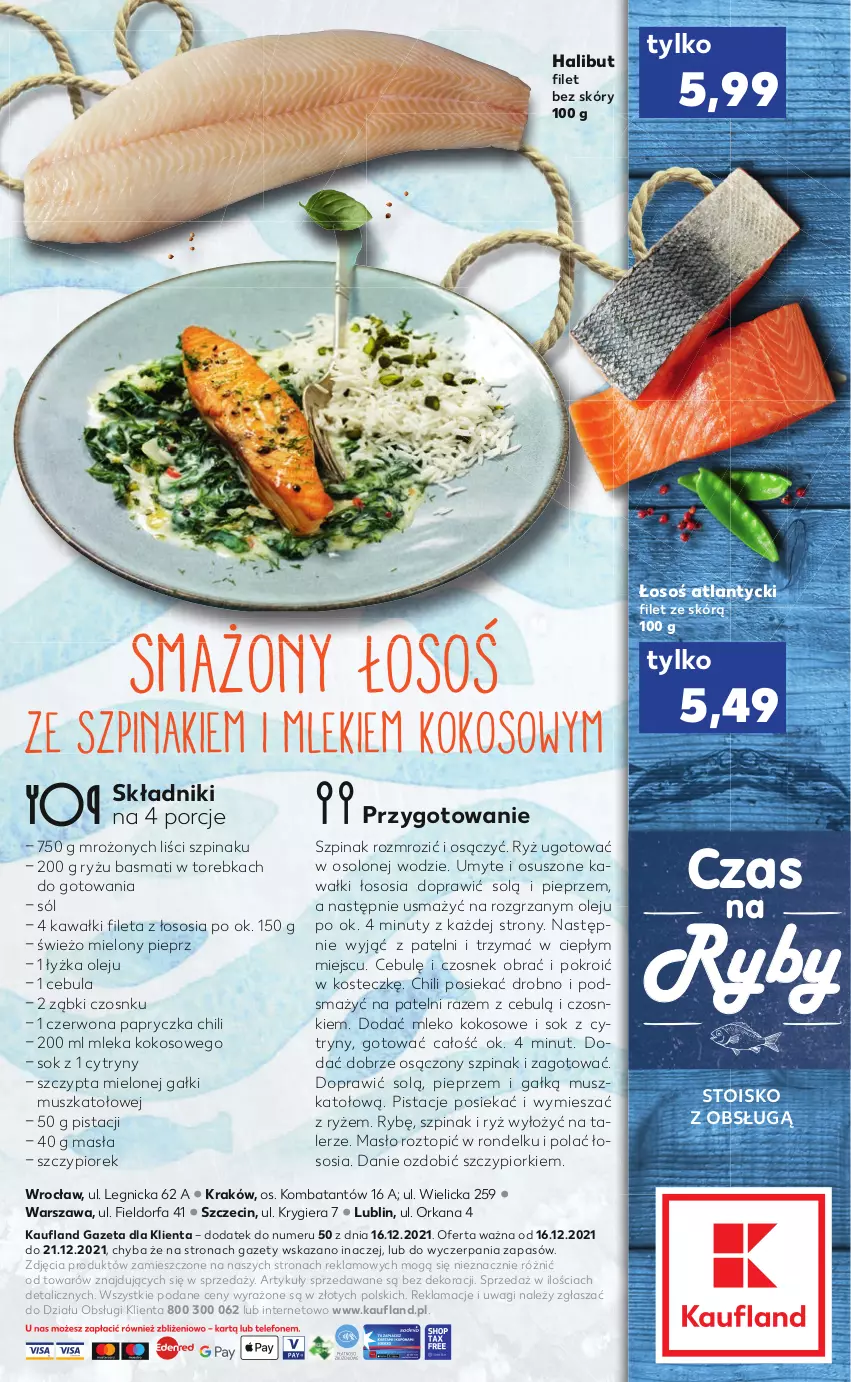 Gazetka promocyjna Kaufland - RYBY - ważna 16.12 do 21.12.2021 - strona 2 - produkty: Cebula, Cytryny, Czosnek, Fa, Halibut, Kawa, Kokos, Masło, Mleko, Mleko kokosowe, Mus, Nuty, Olej, Orka, Pieprz, Pistacje, Por, Rondel, Ryż, Sok, Sól, Sos, Szpinak, Talerz, Top, Torebka, Wagi