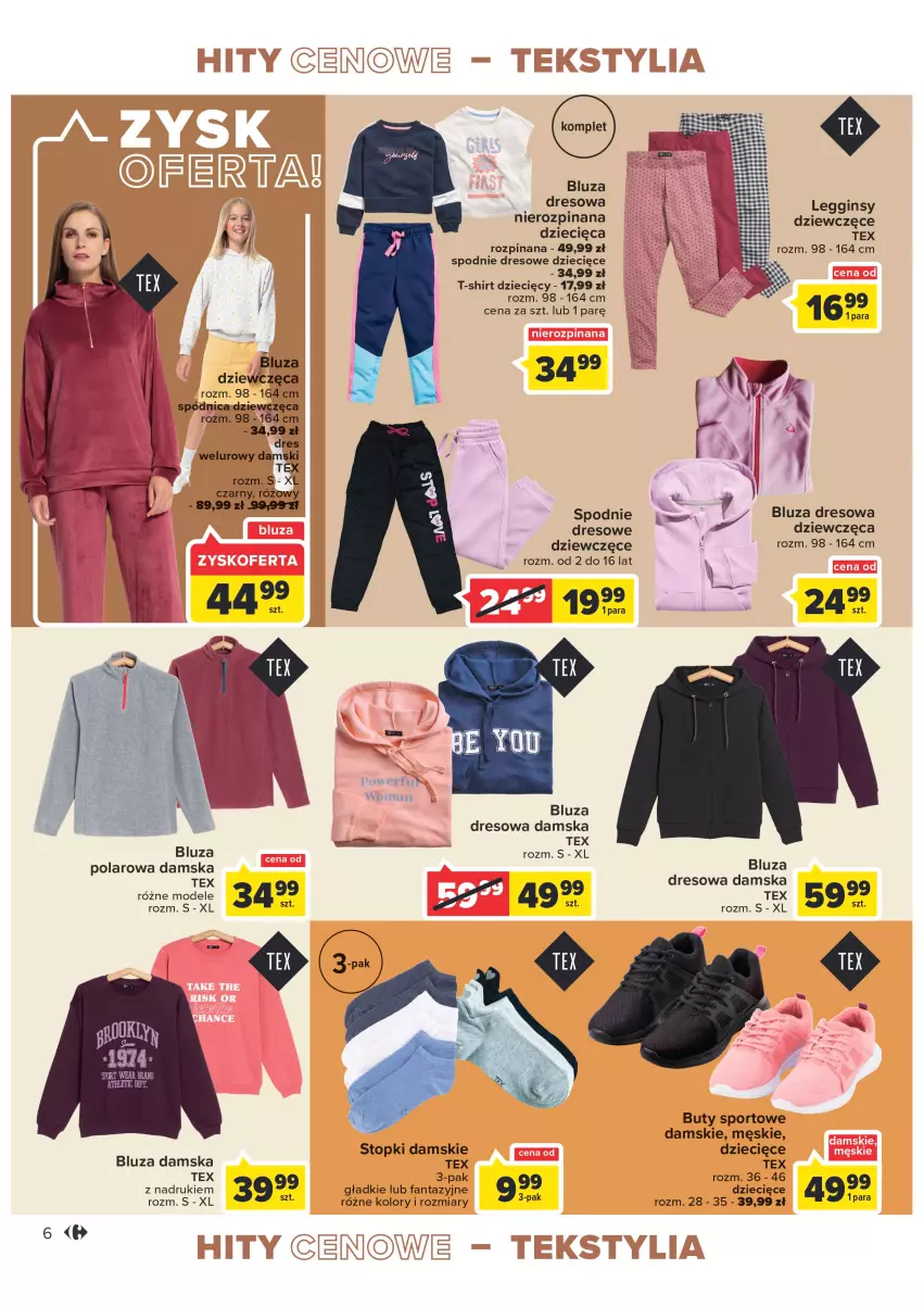 Gazetka promocyjna Carrefour - Gazetka Modowe hity cenowe - ważna 02.11 do 12.11.2022 - strona 6 - produkty: Bluza, Bluza dresowa, Buty, Dres, Dzieci, Fa, Fanta, Gin, Legginsy, Por, Spódnica, Spodnie, Spodnie dresowe, Sport, T-shirt, Top