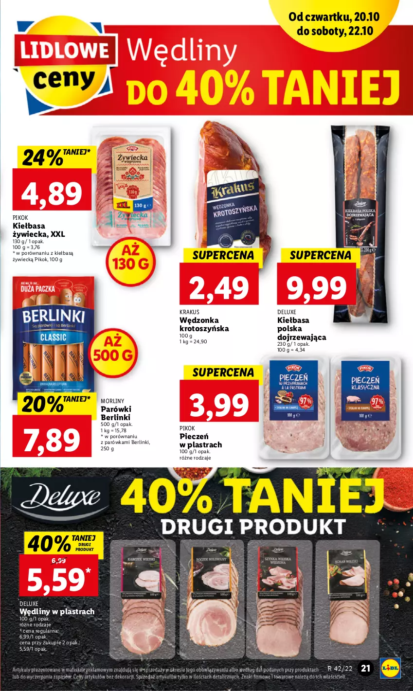 Gazetka promocyjna Lidl - GAZETKA - ważna 20.10 do 22.10.2022 - strona 24 - produkty: Berlinki, Kiełbasa, Krakus, Morliny, Parówki, Piec, PIKOK, Por