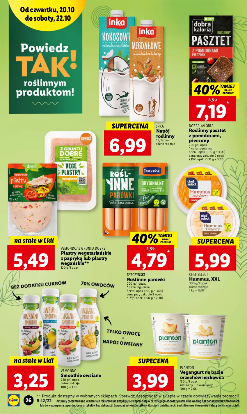 Gazetka promocyjna Lidl - GAZETKA - ważna 20.10 do 22.10.2022 - strona 29 - produkty: Grunt, Hummus, Inka, Mus, Napój, Napój roślinny, Parówki, Pasztet, Piec, Smoothie, Vegangurt, Z gruntu dobre