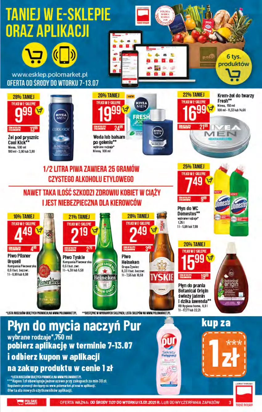 Gazetka promocyjna PoloMarket - Gazetka pomocyjna - ważna 07.07 do 13.07.2021 - strona 3 - produkty: Domestos, Fa, Gin, Gra, Nivea, Piec, Piwa, Piwo, Płyn do prania, Tyskie, Woda