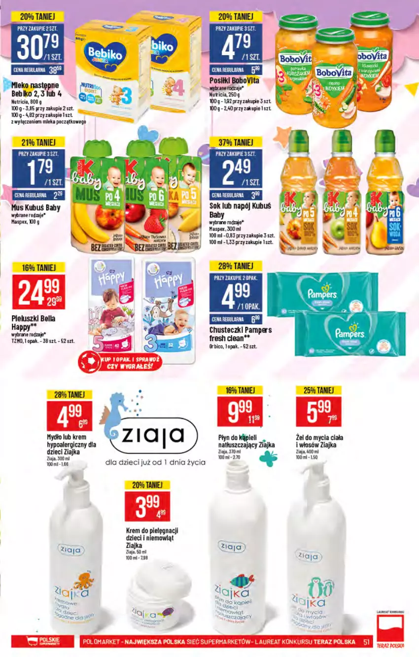 Gazetka promocyjna PoloMarket - Gazetka pomocyjna - ważna 07.07 do 13.07.2021 - strona 51 - produkty: Bebiko, BIC, Chusteczki, Dzieci, Gra, Kubuś, Laur, Mydło, Napój, Pampers, Płyn do kąpieli, Sok, Tera, Ziaja, Ziajka