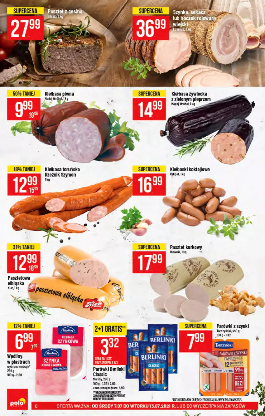 Gazetka promocyjna PoloMarket - Gazetka pomocyjna - ważna 07.07 do 13.07.2021 - strona 8 - produkty: Berlinki, Fa, Gra, Kiełbasa, Madej Wróbel, Olewnik, Parówki, Parówki z szynki, Pasztet, Pieprz, Tarczyński