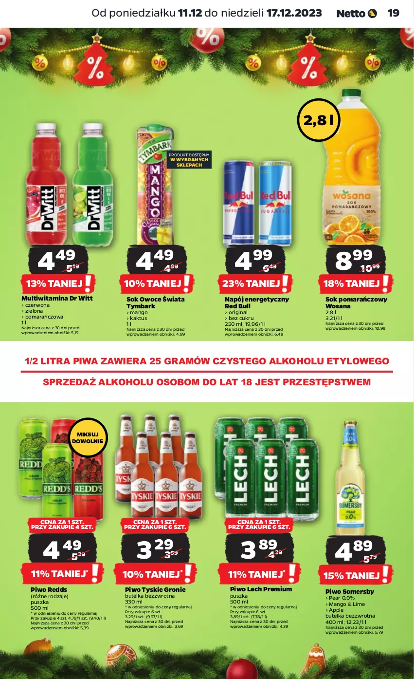 Gazetka promocyjna Netto - Artykuły spożywcze - ważna 11.12 do 17.12.2023 - strona 19 - produkty: Gin, Gra, Kaktus, Lech Premium, Mango, Napój, Napój energetyczny, Owoce, Piwa, Piwo, Red Bull, Sok, Sok pomarańczowy, Somersby, Tymbark, Tyskie, Wosana