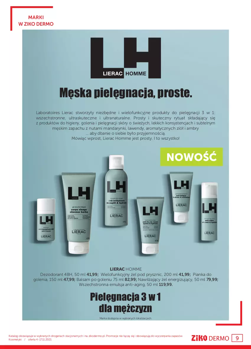 Gazetka promocyjna Ziko - 4-17 LISTOPADA - ważna 04.11 do 17.11.2021 - strona 9 - produkty: Balsam po goleniu, Dezodorant, Emulsja, Gin, Lierac, Mandarynki, Pianka do golenia, Tran