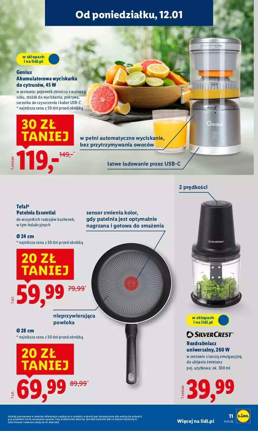 Gazetka promocyjna Lidl - GAZETKA - ważna 12.01 do 17.01.2026 - strona 11 - produkty: Akumulator, Fa, Kabel USB, LG, Patelnia, Pojemnik, Pokrywa, Rozdrabniacz, Sok, Szczotka, Tefal, Wyciskarka
