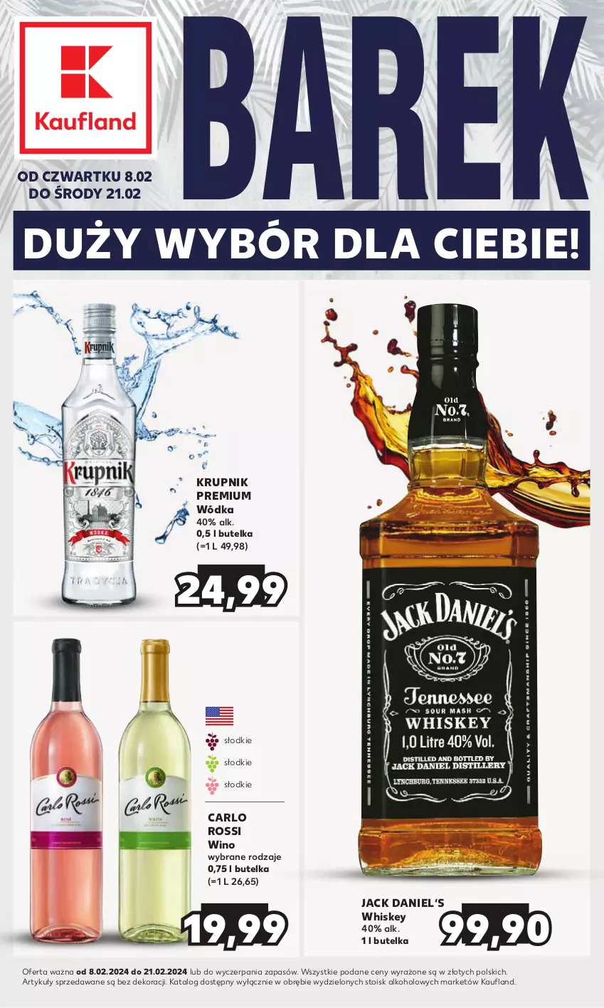 Gazetka promocyjna Kaufland - Barek Kauflandu - ważna 08.02 do 21.02.2024 - strona 1 - produkty: Carlo Rossi, Krupnik, Whiskey, Wino, Wódka