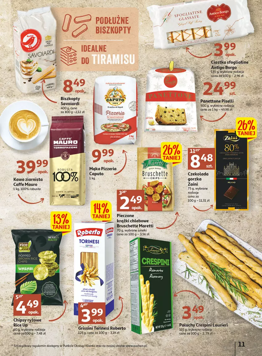 Gazetka promocyjna Auchan - Gazetka Wielkie majowe odkrycia cenowe część #2 Hipermarket Auchan - ważna 04.05 do 10.05.2023 - strona 11 - produkty: Biszkopty, Bruschette, Chipsy, Chleb, Czekolada, Fa, Grissini, Kawa, Kawa ziarnista, Mąka, Piec, Ryż