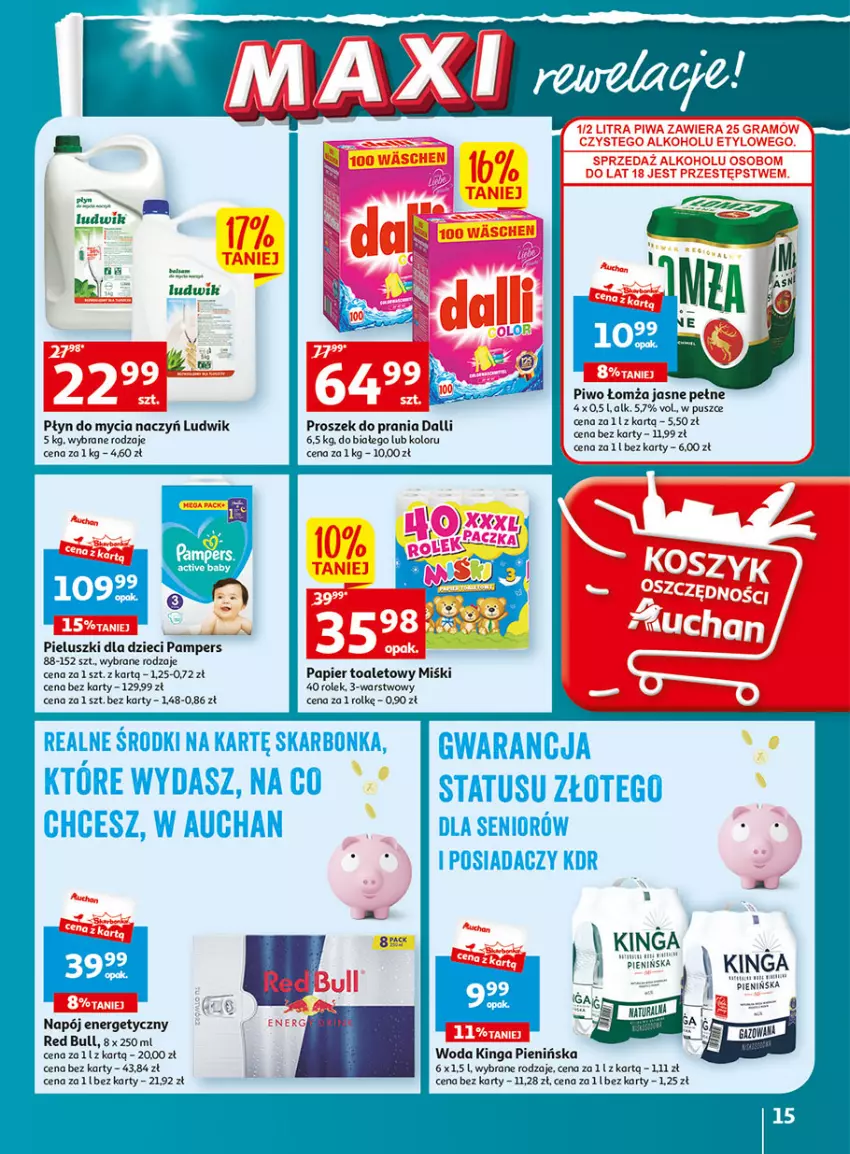 Gazetka promocyjna Auchan - Gazetka Wielkie majowe odkrycia cenowe część #2 Hipermarket Auchan - ważna 04.05 do 10.05.2023 - strona 15 - produkty: Do mycia naczyń, Dzieci, Gra, Ludwik, Napój, Napój energetyczny, Pampers, Papier, Papier toaletowy, Piwa, Piwo, Płyn do mycia, Płyn do mycia naczyń, Proszek do prania, Red Bull, Woda