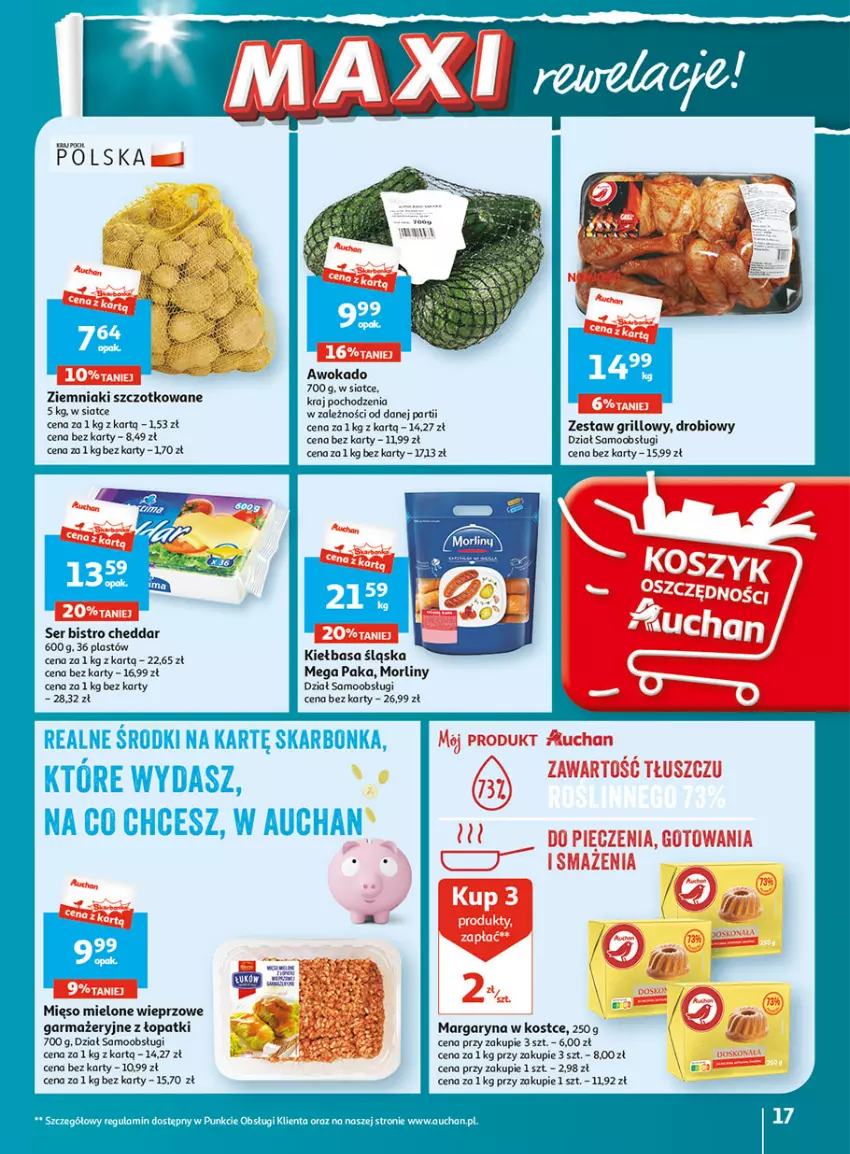 Gazetka promocyjna Auchan - Gazetka Wielkie majowe odkrycia cenowe część #2 Hipermarket Auchan - ważna 04.05 do 10.05.2023 - strona 17 - produkty: Cheddar, Grill, Kiełbasa, Kiełbasa śląska, Margaryna, Mięso, Mięso mielone, Morliny, Ser, Ziemniaki