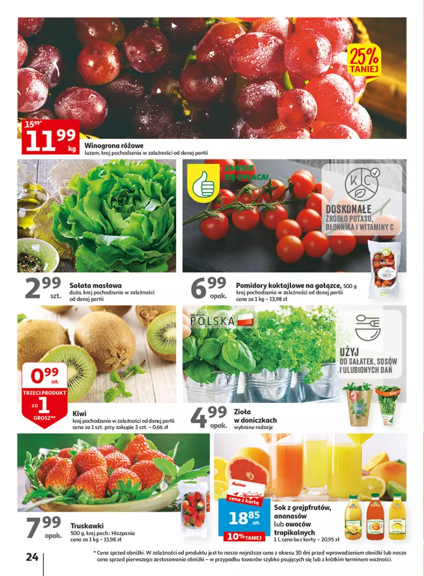 Gazetka promocyjna Auchan - Gazetka Wielkie majowe odkrycia cenowe część #2 Hipermarket Auchan - ważna 04.05 do 10.05.2023 - strona 24 - produkty: Ananas, Grejpfrut, Kiwi, Masło, O nas, Pomidory, Sałat, Sałata masłowa, Sok, Sos, Truskawki, Wino, Winogrona