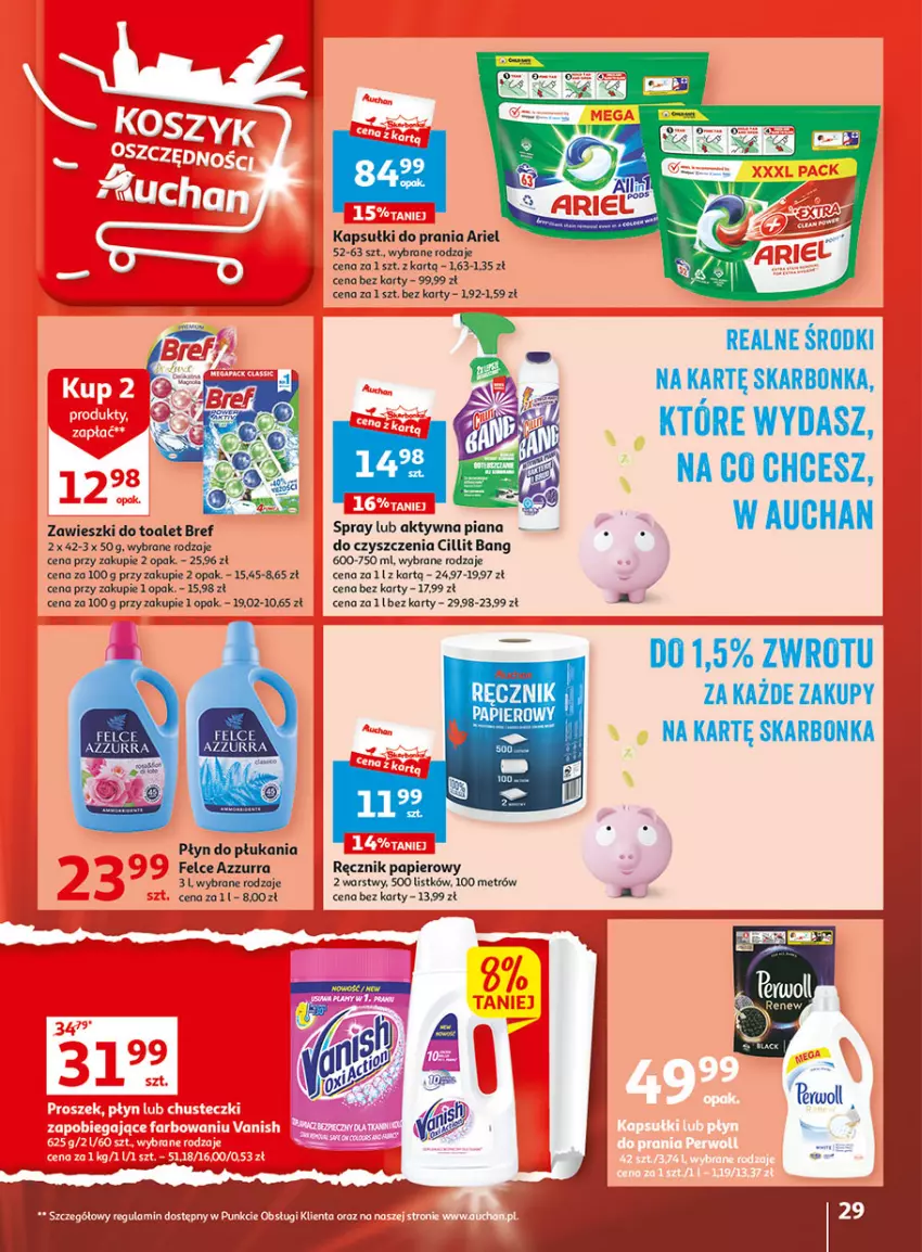 Gazetka promocyjna Auchan - Gazetka Wielkie majowe odkrycia cenowe część #2 Hipermarket Auchan - ważna 04.05 do 10.05.2023 - strona 29 - produkty: Ariel, Bref, Cillit Bang, Kapsułki do prania, Papier, Płyn do płukania, Ręcznik, Zawieszki