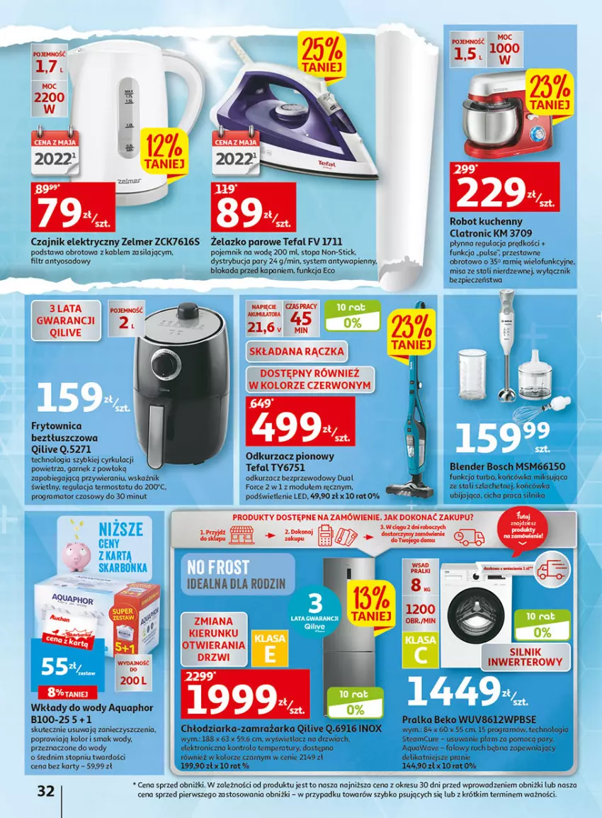 Gazetka promocyjna Auchan - Gazetka Wielkie majowe odkrycia cenowe część #2 Hipermarket Auchan - ważna 04.05 do 10.05.2023 - strona 32 - produkty: Aquaphor, Beko, Blender, Bosch, Chłodziarka, Czajnik, Czajnik elektryczny, Drzwi, Fa, Garnek, Gra, O nas, Odkurzacz, Odkurzacz bezprzewodowy, Piec, Pojemnik, Pralka, Rama, Robot, Tefal, Termos, Top, Zelmer