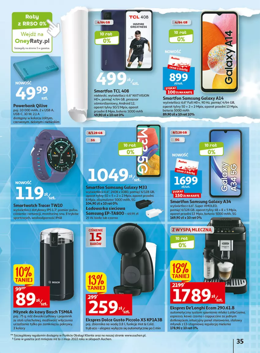 Gazetka promocyjna Auchan - Gazetka Wielkie majowe odkrycia cenowe część #2 Hipermarket Auchan - ważna 04.05 do 10.05.2023 - strona 35 - produkty: Acer, Akumulator, Amol, Bateria, Bosch, Cappuccino, Dolce Gusto, Gala, Kawa, Młynek, Młynek do kawy, Monitor, Pojemnik, Por, Powerbank, Procesor, Samsung, Smartfon, Smartwatch, Sport, Top, Warka