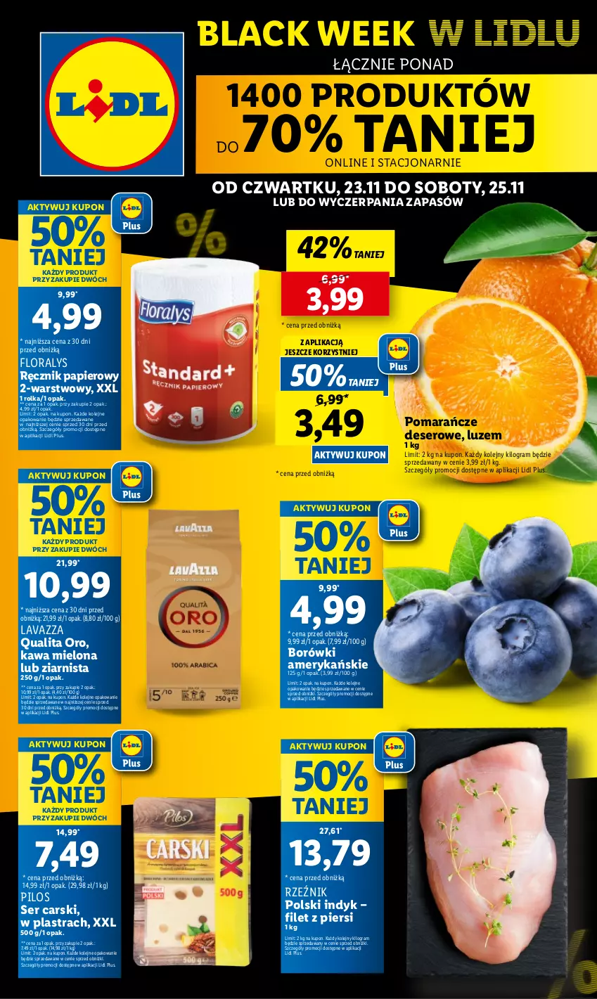 Gazetka promocyjna Lidl - GAZETKA - ważna 23.11 do 25.11.2023 - strona 1 - produkty: Cars, Deser, Flora, Gra, Kawa, Kawa mielona, Lack, Lavazza, Olej, Papier, Pilos, Pomarańcze, Ręcznik, Ser