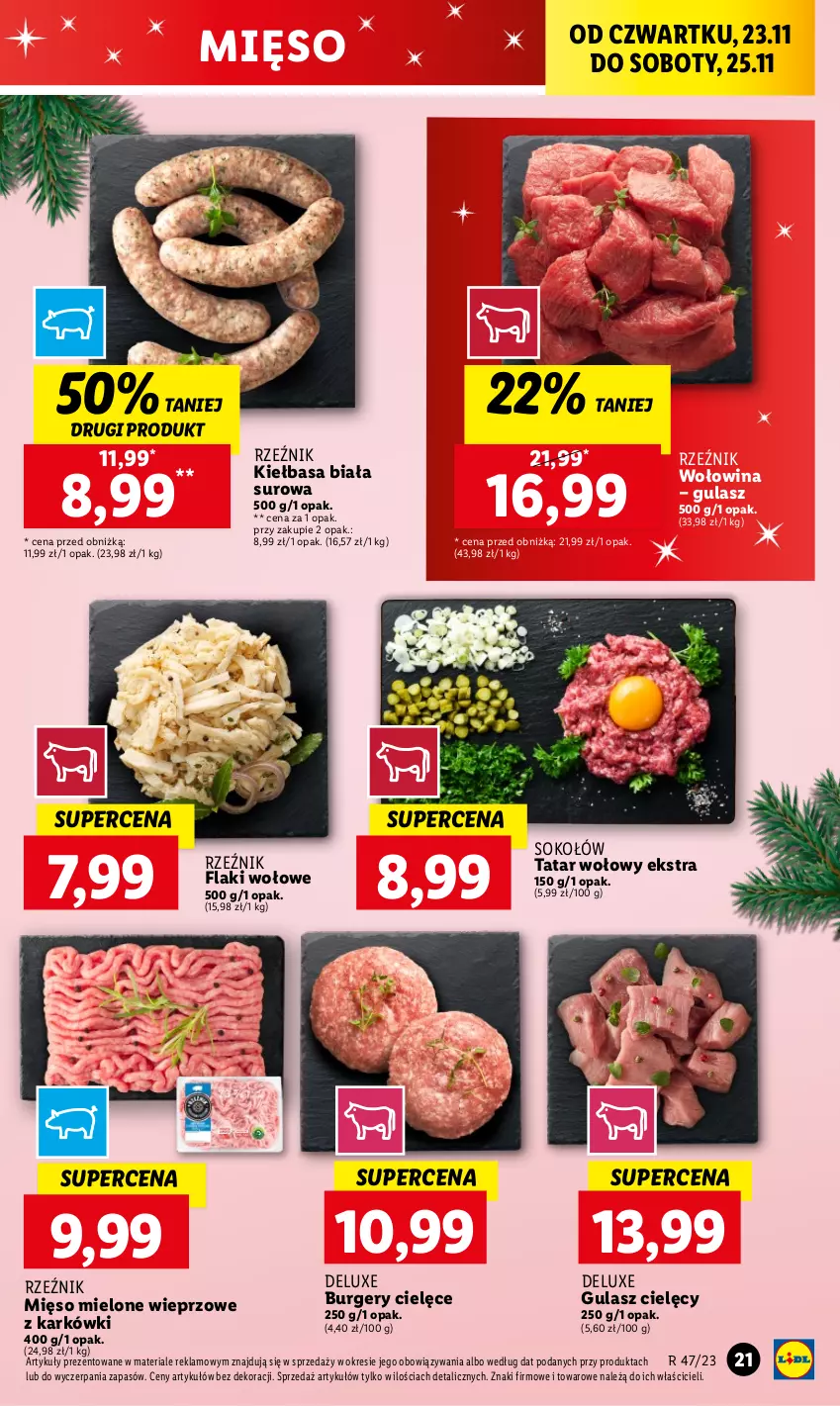 Gazetka promocyjna Lidl - GAZETKA - ważna 23.11 do 25.11.2023 - strona 31 - produkty: Burger, Flaki, Flaki wołowe, Kiełbasa, Kiełbasa biała, Mięso, Mięso mielone, Sok, Sokołów, Tatar wołowy, Wołowina