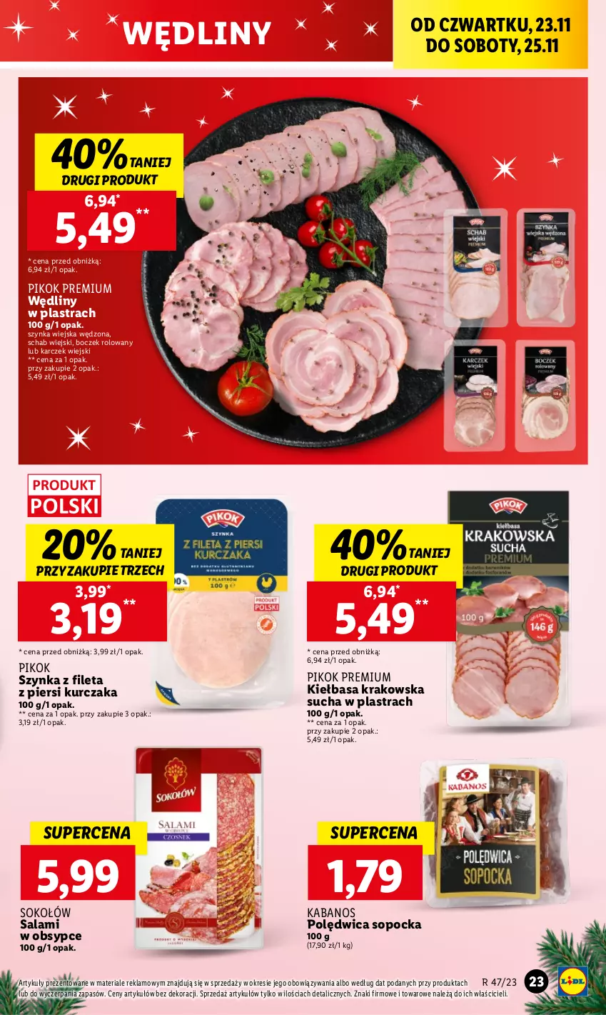 Gazetka promocyjna Lidl - GAZETKA - ważna 23.11 do 25.11.2023 - strona 33 - produkty: Boczek, Kabanos, Kiełbasa, Kiełbasa krakowska, Kurczak, PIKOK, Polędwica, Salami, Sok, Sokołów, Szynka