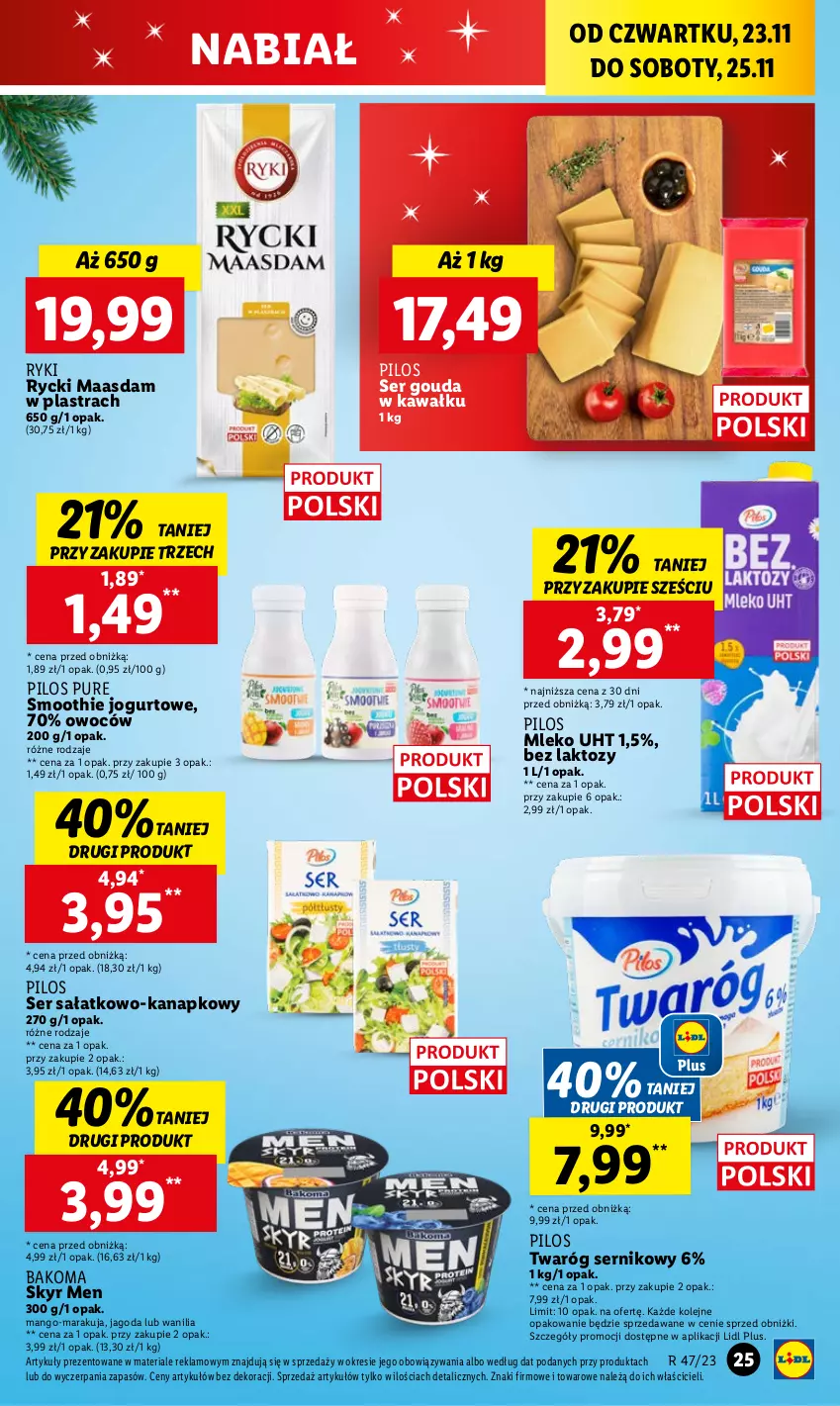 Gazetka promocyjna Lidl - GAZETKA - ważna 23.11 do 25.11.2023 - strona 35 - produkty: Bakoma, Gouda, Jogurt, Kawa, Maasdam, Mango, Mleko, Olej, Pilos, Pur, Sałat, Ser, Ser sałatkowo-kanapkowy, Smoothie, Twaróg