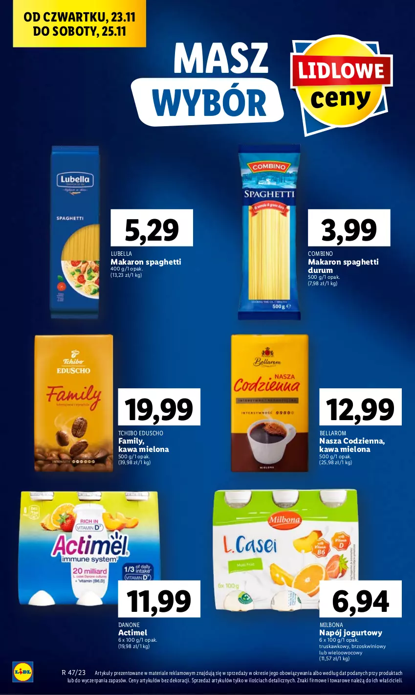 Gazetka promocyjna Lidl - GAZETKA - ważna 23.11 do 25.11.2023 - strona 36 - produkty: Actimel, Bell, Bella, Danone, Fa, Jogurt, Kawa, Kawa mielona, Lubella, Makaron, Napój, Napój jogurtowy, Rum, Spaghetti, Tchibo