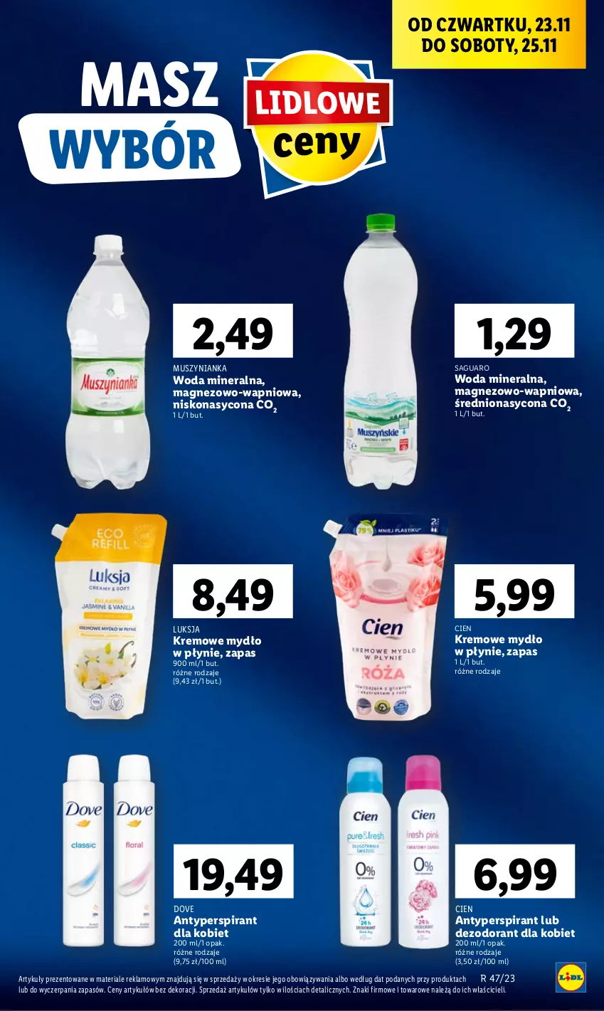 Gazetka promocyjna Lidl - GAZETKA - ważna 23.11 do 25.11.2023 - strona 37 - produkty: Antyperspirant, Dezodorant, Dove, Luksja, Magnez, Mus, Muszynianka, Mydło, Mydło w płynie, Woda, Woda mineralna