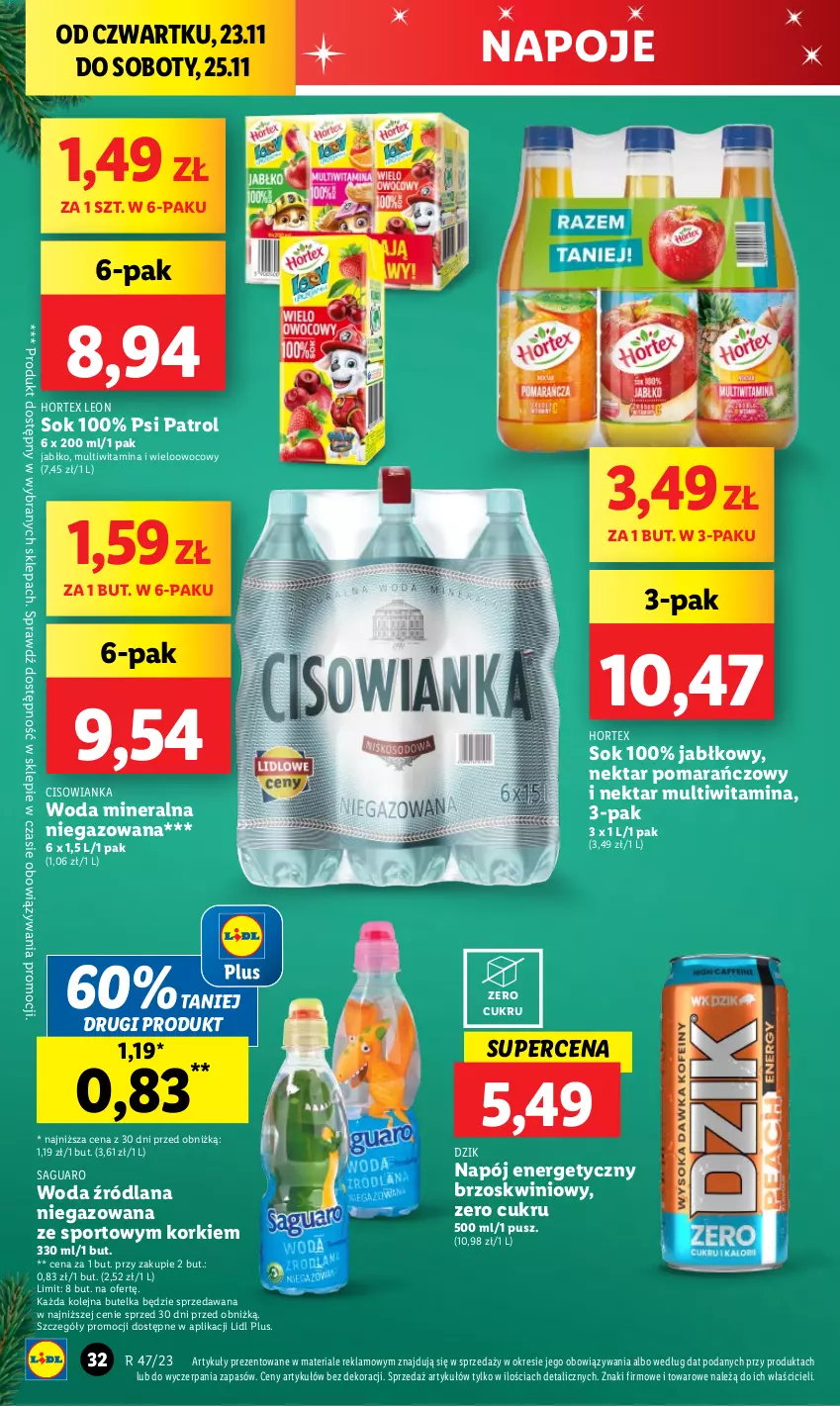 Gazetka promocyjna Lidl - GAZETKA - ważna 23.11 do 25.11.2023 - strona 46 - produkty: Cisowianka, Hortex, LANA, Leon, Napój, Napój energetyczny, Napoje, Nektar, Olej, Por, Psi Patrol, Sok, Sport, Woda, Woda mineralna