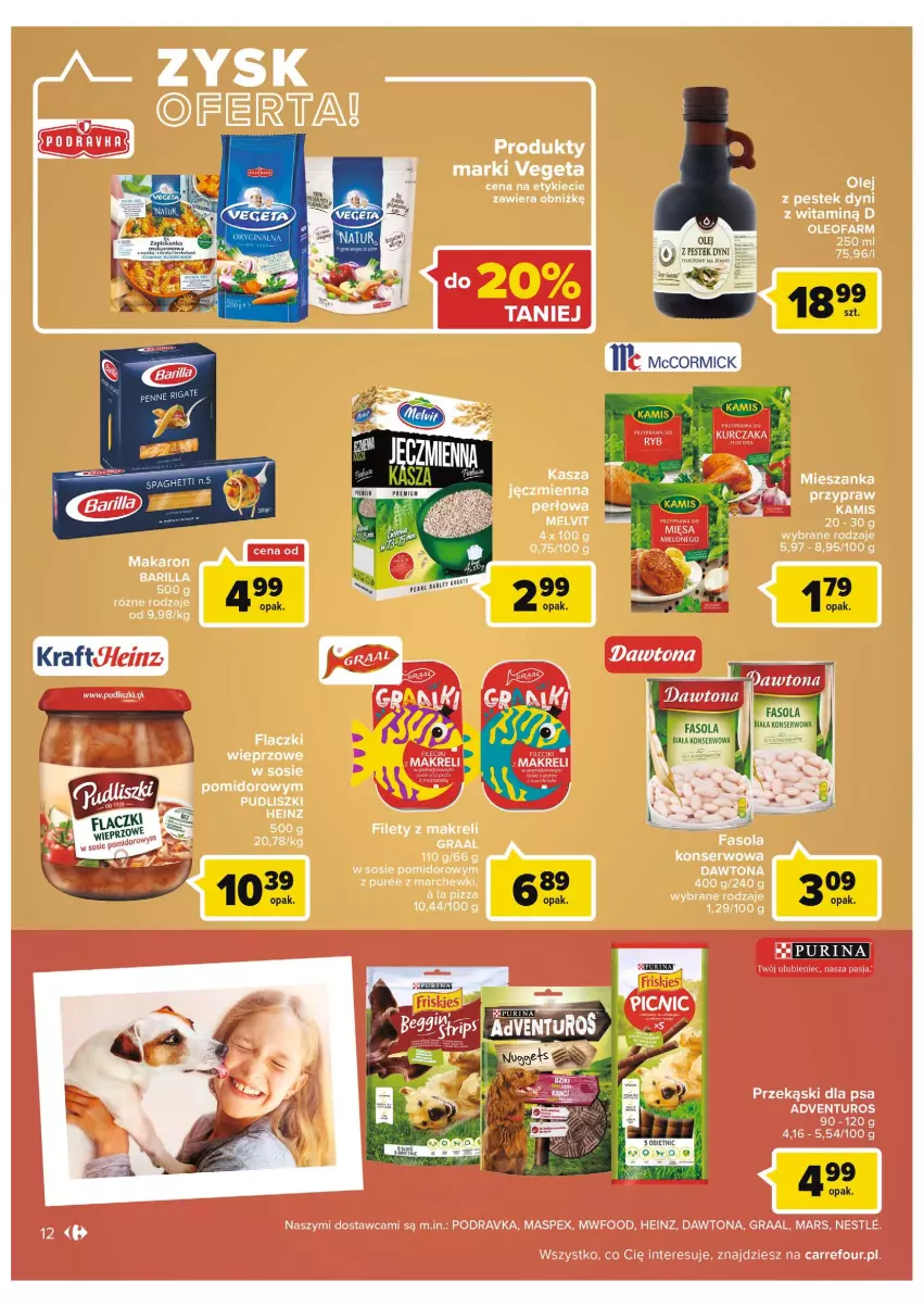 Gazetka promocyjna Carrefour - Gazetka Carrefour - ważna 16.08 do 28.08.2022 - strona 12 - produkty: Dawtona, Fa, Gra, Graal, Heinz, Kamis, Kasza, Makaron, Mars, Melvit, Olej, Oleo, Oleofarm, Pizza, Podravka, Przekąski dla psa, Pudliszki, Pur, Ser, Sos, Stek, Vegeta