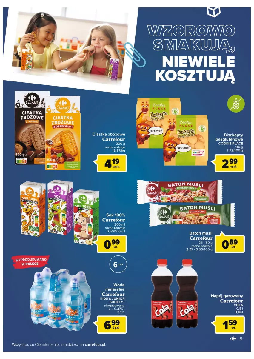 Gazetka promocyjna Carrefour - Gazetka Carrefour - ważna 16.08 do 28.08.2022 - strona 5 - produkty: Baton, Ciastka, Kakao, Kosz, Mus, Napój, Napój gazowany, Sok, Woda, Woda mineralna