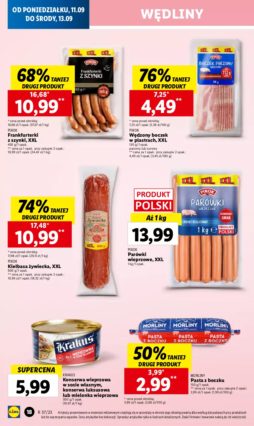 Gazetka promocyjna Lidl - GAZETKA - ważna 11.09 do 13.09.2023 - strona 28 - produkty: Boczek, Frankfurterki, Kiełbasa, Parówki, Ser, Sos