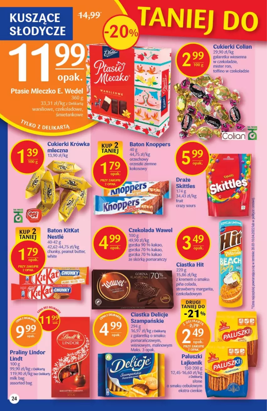 Gazetka promocyjna Delikatesy Centrum - Gazetka DC23 - ważna 15.06 do 22.06.2022 - strona 24 - produkty: Baton, Ciastka, Cukier, Cukierki, Czekolada, Delicje, Gala, Galaretka, Kakao, Knoppers, Kokos, Lajkonik, Lindor, Lindt, Orzeszki, Orzeszki ziemne, Praliny, Toffino, Wawel